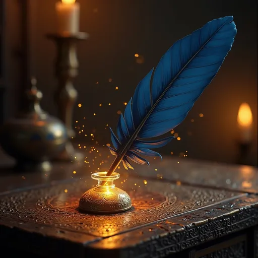 Prompt: (ottoman era) dark blue quill, leaning on inkwell, antique wooden table, intricate Islamic patterns, (magical golden light) flowing from quill tip, (mystical ambiance), warm golden hues, soft ethereal glow, high detail, mesmerizing contrasts, intricate textures, enchanting atmosphere, (4K quality), rich historical elements.