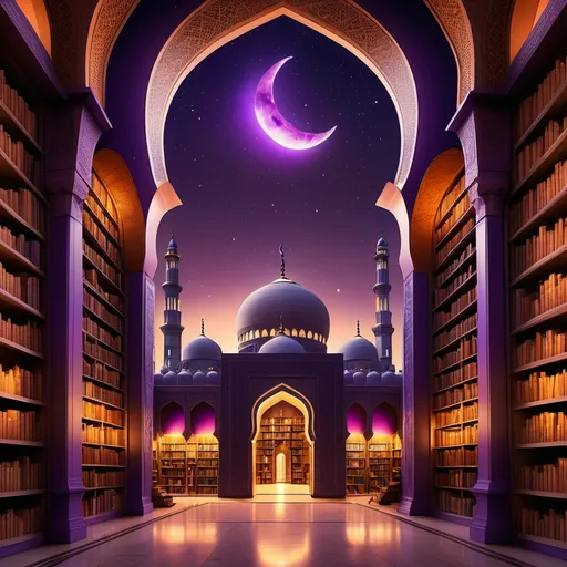 Prompt: Inside library, (large shelves) on both sides, (mashrabiya) prominently featured in the back, (purple to orange gradient) night sky, (crescent moon) glowing softly, (large mosque silhouette) looming majestically, (tranquil atmosphere) radiating wisdom, warm light illuminating texts, intricate architectural details, high-quality design, (ultra-detailed) scene, inviting the viewer to explore and seek knowledge amidst this serene setting.
(Library) Furnished with carpets and pillows