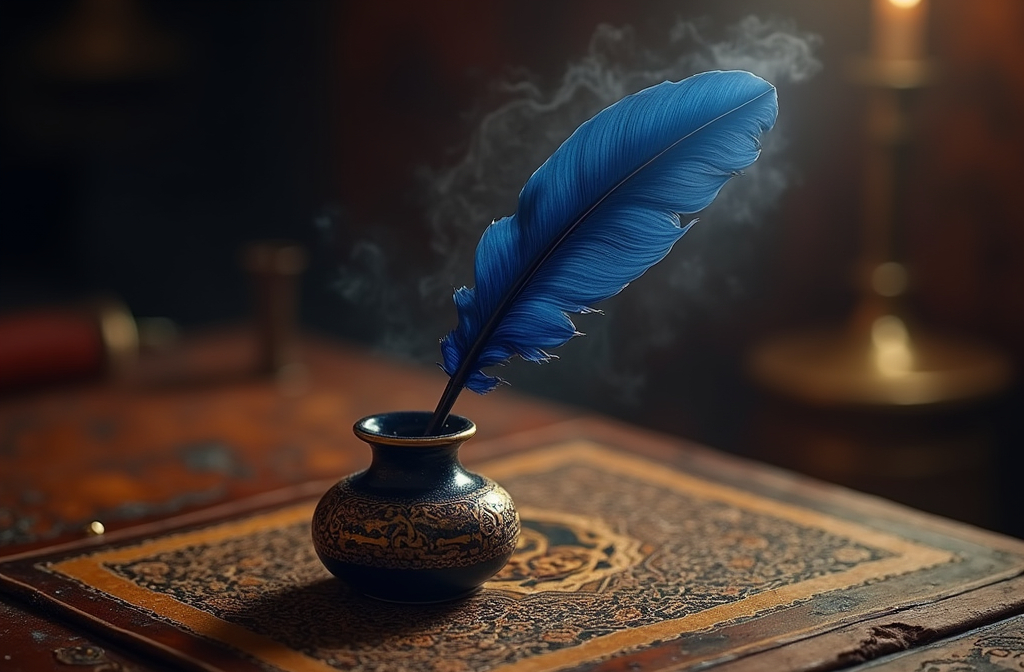 Prompt: (ottoman era) deep dark blue quill, leaning on inkwell, antique wooden table, intricate Islamic patterns, (magical light) flowing from quill tip, (mystical ambiance), warm golden hues, soft ethereal glow, high detail, mesmerizing contrasts, intricate textures, enchanting atmosphere, (4K quality), rich historical elements.