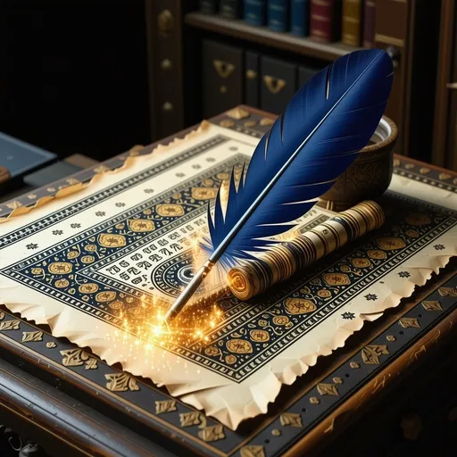 Prompt: (ottoman era) dark blue quill, leaning on inkwell, antique wooden table, intricate Islamic patterns, (magical golden light) flowing from quill tip, (mystical ambiance), warm golden hues, soft ethereal glow, high detail, mesmerizing contrasts, intricate textures, enchanting atmosphere, (4K quality), rich historical elements.