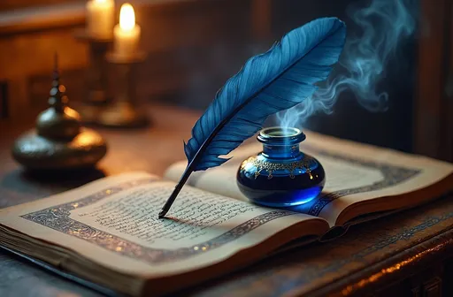 Prompt: (ottoman era) deep dark blue quill, leaning on inkwell, antique wooden table, intricate Islamic patterns, (magical light) flowing from quill tip, (mystical ambiance), warm golden hues, soft ethereal glow, high detail, mesmerizing contrasts, intricate textures, enchanting atmosphere, (4K quality), rich historical elements.