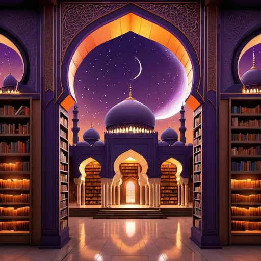 Prompt: Inside library, (large shelves) on both sides, (mashrabiya) prominently featured in the back, (purple to orange gradient) night sky, (crescent moon) glowing softly, (large mosque silhouette) looming majestically, (tranquil atmosphere) radiating wisdom, warm light illuminating texts, intricate architectural details, high-quality design, (ultra-detailed) scene, inviting the viewer to explore and seek knowledge amidst this serene setting.
(Library) Carpets and Pillows scattered on floor (Assymetric). (centered) Master table and pillow seat