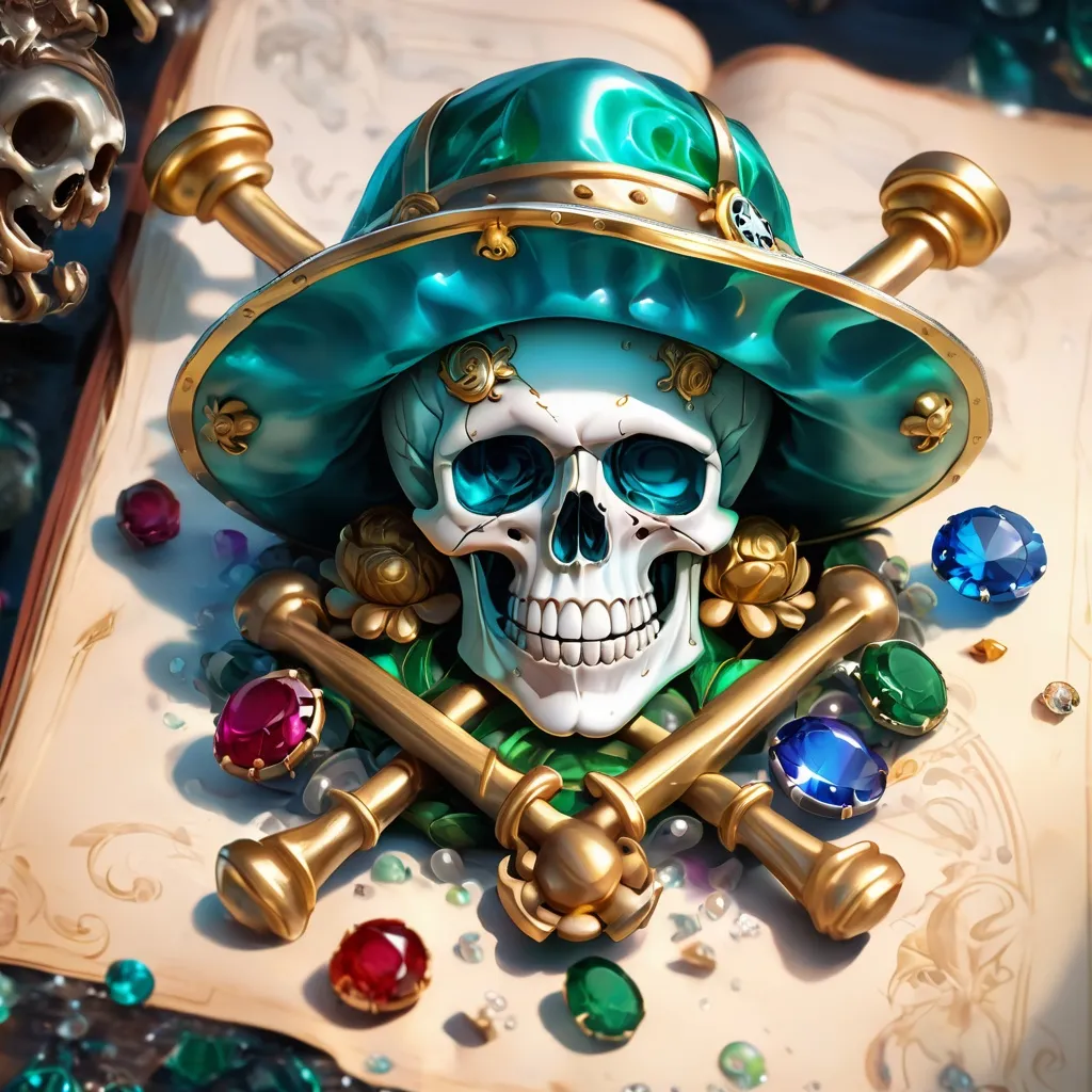 Prompt: One piece style Jolly roger, 8k resolution, concept art by Greg Rutkowski, dynamic lighting, hyperdetailed, intricately detailed, Splash art, trending on Artstation, triadic colors, Unreal Engine 5, volumetric lighting, Alphonse Mucha, WLOP Jordan Grimmer, Emerald green, Marine blue,
Sapphires, Diamonds, Rubys set in skull, Agate, Aquamarine, Gold, Silver, Bucket hat