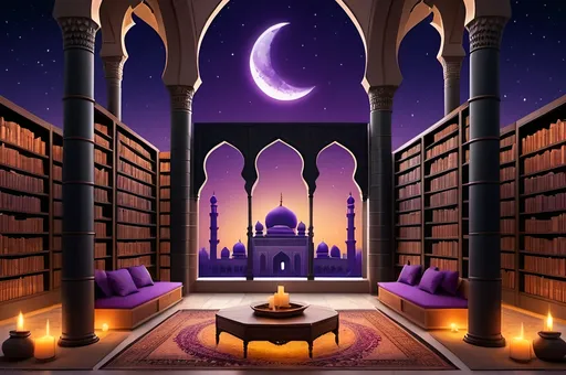 Prompt: Inside a library, (large shelves) packed with books on both sides, a (mashrabiya) prominently featured at the back, under a stunning (purple to orange gradient) night sky. The scene lit by a (crescent moon) glowing softly,  (large black mosque silhouette) looming majestically as an evocative centerpiece, atmospheric and serene, creating a tranquil space. Ultra-detailed, 4K quality rendering.