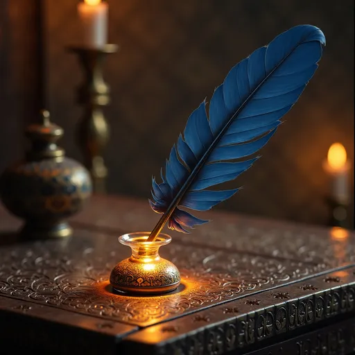 Prompt: (ottoman era) dark blue quill, leaning on inkwell, antique wooden table, intricate Islamic patterns, (magical light) flowing from quill tip, (mystical ambiance), warm golden hues, soft ethereal glow, high detail, mesmerizing contrasts, intricate textures, enchanting atmosphere, (4K quality), rich historical elements.