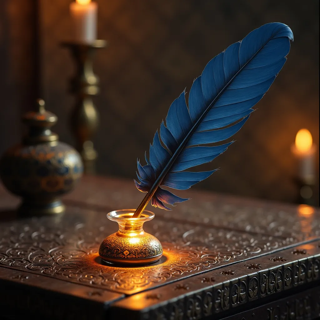 Prompt: (ottoman era) dark blue quill, leaning on inkwell, antique wooden table, intricate Islamic patterns, (magical light) flowing from quill tip, (mystical ambiance), warm golden hues, soft ethereal glow, high detail, mesmerizing contrasts, intricate textures, enchanting atmosphere, (4K quality), rich historical elements.