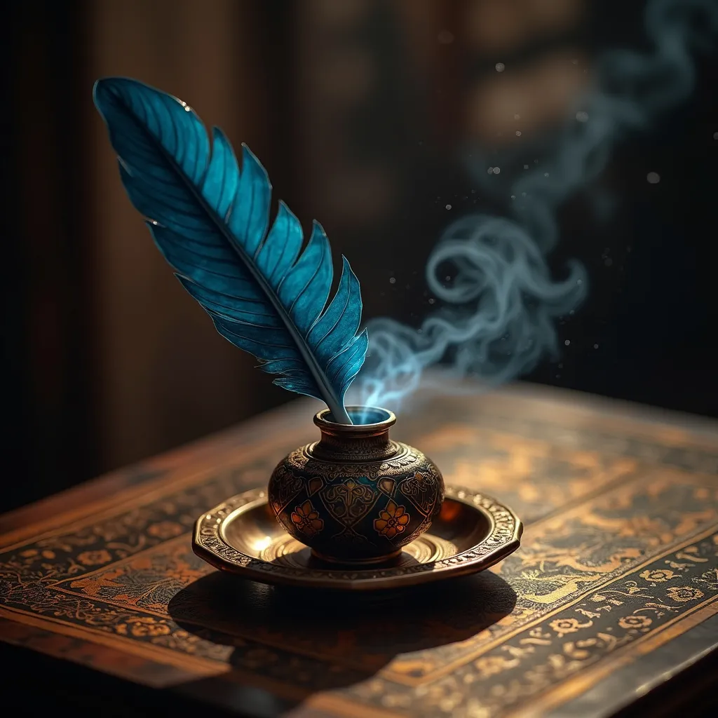 Prompt: (ottoman era) dark blue quill, leaning on inkwell, antique wooden table, intricate Islamic patterns, (magical light) flowing from quill tip, (mystical ambiance), warm golden hues, soft ethereal glow, high detail, mesmerizing contrasts, intricate textures, enchanting atmosphere, (4K quality), rich historical elements.