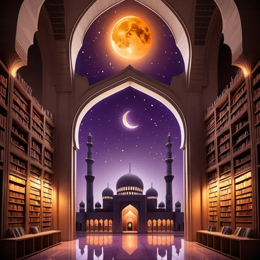 Prompt: Inside Library. Centered. Large shelves on both side. Large mashrabiya in the back. Purple to orange gradient nightsky. Crescent moon. Large mosque silhouette.