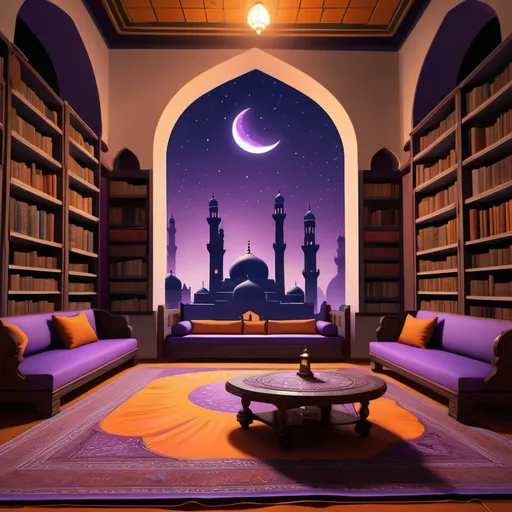 Prompt: Inside library, (large shelves to the sky) on both sides, (Library) Carpets and Pillows scattered on floor (Assymetric), (centered) floor table and pillow seat, (mashrabiya) prominently featured in the back, (purple to orange gradient) night sky, (realistic crescent moon) glowing softly, (large mosque silhouette) looming majestically, (tranquil atmosphere) radiating wisdom, warm light illuminating texts, intricate architectural details, high-quality design, (ultra-detailed) scene, inviting the viewer to explore and seek knowledge amidst this serene setting,