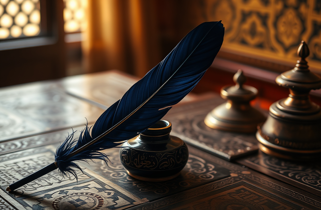 Prompt: (ottoman era) deep dark blue quill, leaning on inkwell, antique wooden table, intricate Islamic patterns, (magical light) flowing from quill tip, (mystical ambiance), warm golden hues, soft ethereal glow, high detail, mesmerizing contrasts, intricate textures, enchanting atmosphere, (4K quality), rich historical elements.