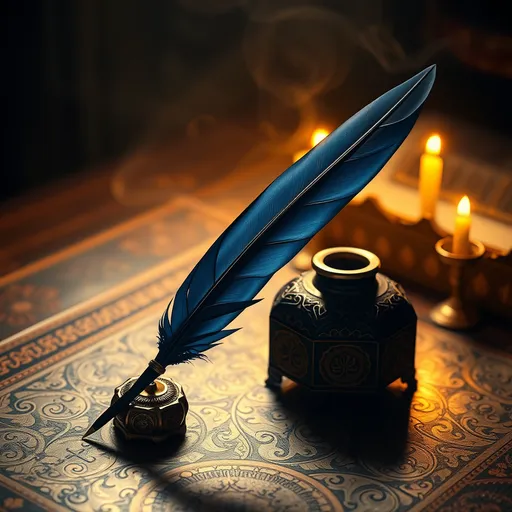 Prompt: (ottoman era) dark blue quill, leaning on inkwell, antique wooden table, intricate Islamic patterns, (magical golden light) flowing from quill tip, (mystical ambiance), warm golden hues, soft ethereal glow, high detail, mesmerizing contrasts, intricate textures, enchanting atmosphere, (4K quality), rich historical elements.