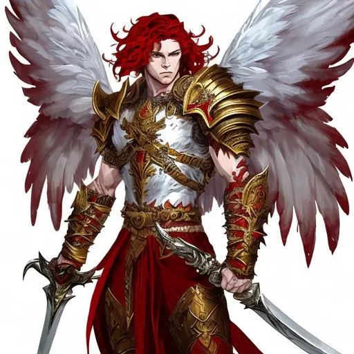 Prompt: Strong male warrior with square jaw  very short red hair and white wings, metallic armor with intricate details, vibrant red hair flowing, powerful stance, mythical wings, high quality, fantasy art style, warm tones, dramatic lighting, holding big sword