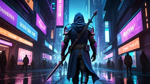 Prompt: (Medieval warrior stepping through blue portal), arriving in futuristic cyberpunk city in 2085, ultra-realistic, highly detailed, neon-lit skyscrapers, holographic advertisements, flying cars, dramatic color palette with deep blues, vibrant purples, and bright neon lights, dark shadows and lights contrasts, tense and surreal atmosphere, grime-covered streets, refined textures, night scene, highly-detailed textures and reflections, photorealistic, 4K quality.