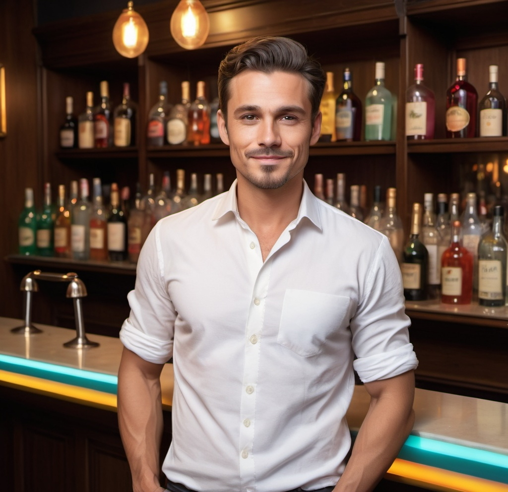 Prompt: a man standing in front of a bar with a tray of drinks on it's back bar counter, Bikash Bhattacharjee, samikshavad, jayison devadas, a character portrait