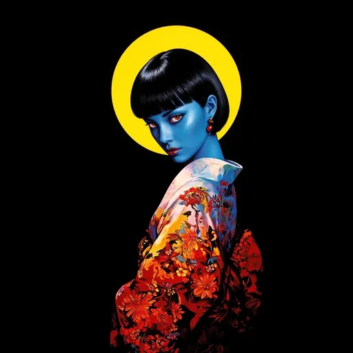 Prompt: Bathed in vibrant hues, a striking figure emerges against a stark black background, dominated by a large, glowing yellow circle that evokes the essence of a full moon. The character, with an ethereal blue complexion, gazes sideways with piercing red eyes, highlighting her bold, graphic aesthetic. Her sleek black bob frames her face, and she wears a lavish kimono adorned with vivid floral patterns that transition from fiery red at the bottom to deep hues near her shoulders. The stylized elements create a fusion of traditional Japanese culture and modern art, conveying a mood of enigmatic beauty and intrigue. Subtle red accents, including her earrings, enhance the overall composition, drawing the viewer’s focus to her captivating presence.
Scale: 7
Steps: 25
Seed: 203716889
Width: 1024
Height: 1024
Sampler: DPM++ 2M SDE Karras
Creation time: 4/8/2025 10:50:22 PM
