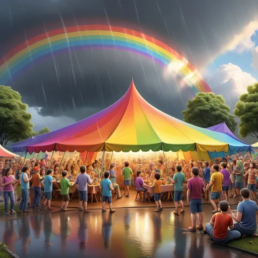 Prompt: a 3d hyper realistic cartoon scenery of: in an evening time, due to rain all the people in town gather under a warm, glowing rainbow coloured huge tent and celebrates their moment laughing, eating, and telling stories . The rain stops, and a real rainbow appears in the sky and the sun rises back again. Everyone cheers, knowing that working together made the day special.
