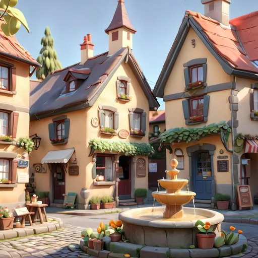 Prompt: A 3d hyper realistic cartoon scenery of A beautiful small town with high trees, cobblestone streets, charming cottages, and a blue sky. The sun shines warmly, and birds chirp as children play near a small fountain. Shops line the street, including a bakery with a wooden sign and a post office with letters stacked neatly. The town feels warm, welcoming, and lively.