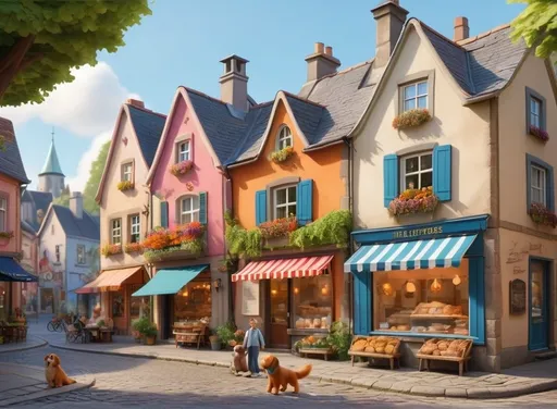 Prompt: Create a vibrant 3d hyper realistic cartoon scenery featuring a picturesque small town with cobblestone streets, colourful houses, and a bright blue sky. The scene should have a warm and inviting atmosphere with soft, glowing sunlight and birds flying overhead.

In the foreground, three main characters stand happily together:

The background includes a lively town square with happy townspeople, a small fountain, big trees, and playful animals like a dog and a few birds. The architecture is charming and whimsical, with flower boxes in windows and a cosy bakery with a striped awning.

The title, "The Little Town’s Big Surprise," should be displayed at the top in large, playful, and bold letters, with a warm, inviting font. Below, in a charming smaller font, it reads "Written by Sharo."