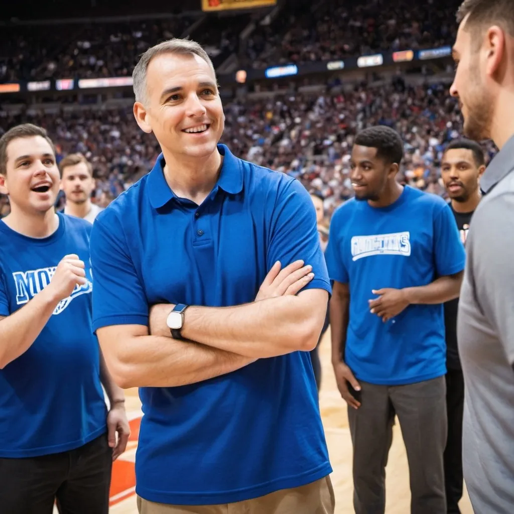 Prompt: professional in blue shirt connecting with a group of people at a basketball game