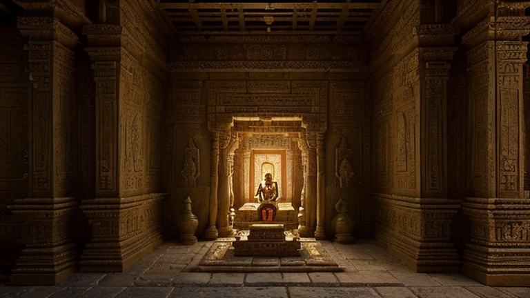 Prompt: While exploring the temple grounds, Arjun stumbled upon a hidden chamber. Inside, he found a beautifully crafted box made of sandalwood, adorned with ancient symbols and an intricate lock. 