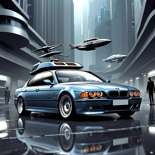 Prompt: bmw e39 in a future intergalactic city aroud spaceships