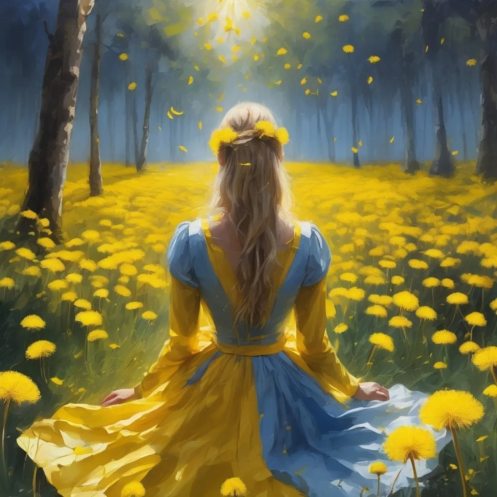 Prompt: oil paint yellow dandelions field in a forest. The sun is shining. The sky is blue. The dandelions are yellow. The yellow petals of dandelion are flying in the air. A woman is sitting with the back towards the viewer. She is wearing a dress and has a long blond hair. She is holding the dandelion close to the viewer. The big dandelion in her hands is yellow.  Visible strokes,rough edges.Warm lighting neutral backdrop