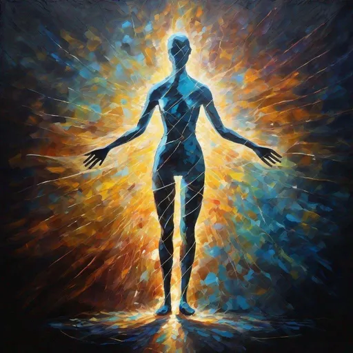 Prompt: Stylized human shape surrounded by a string of RNA and DNA, rays of light radiating around them, impressionistic painting with large palette-knife,   cold light colors on dark background.