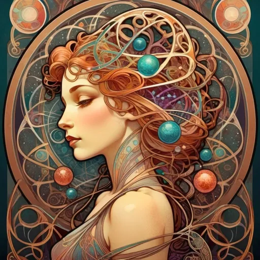 Prompt: Alphonse Mucha Style, art nouveau illustration of a DNA and atoms  on dark background, thick lines, intricate details, beautiful colors,