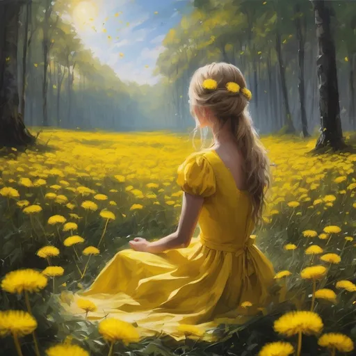 Prompt: oil paint yellow dandelions field in a forest. The sun is shining. The sky is blue. The dandelions are yellow. The yellow petals of dandelion are flying in the air. A woman is sitting with the back towards the viewer. She is wearing a dress and has a long blond hair. She is holding the dandelion close to the viewer. The big dandelion in her hands is yellow.  Visible strokes,rough edges.Warm lighting neutral backdrop