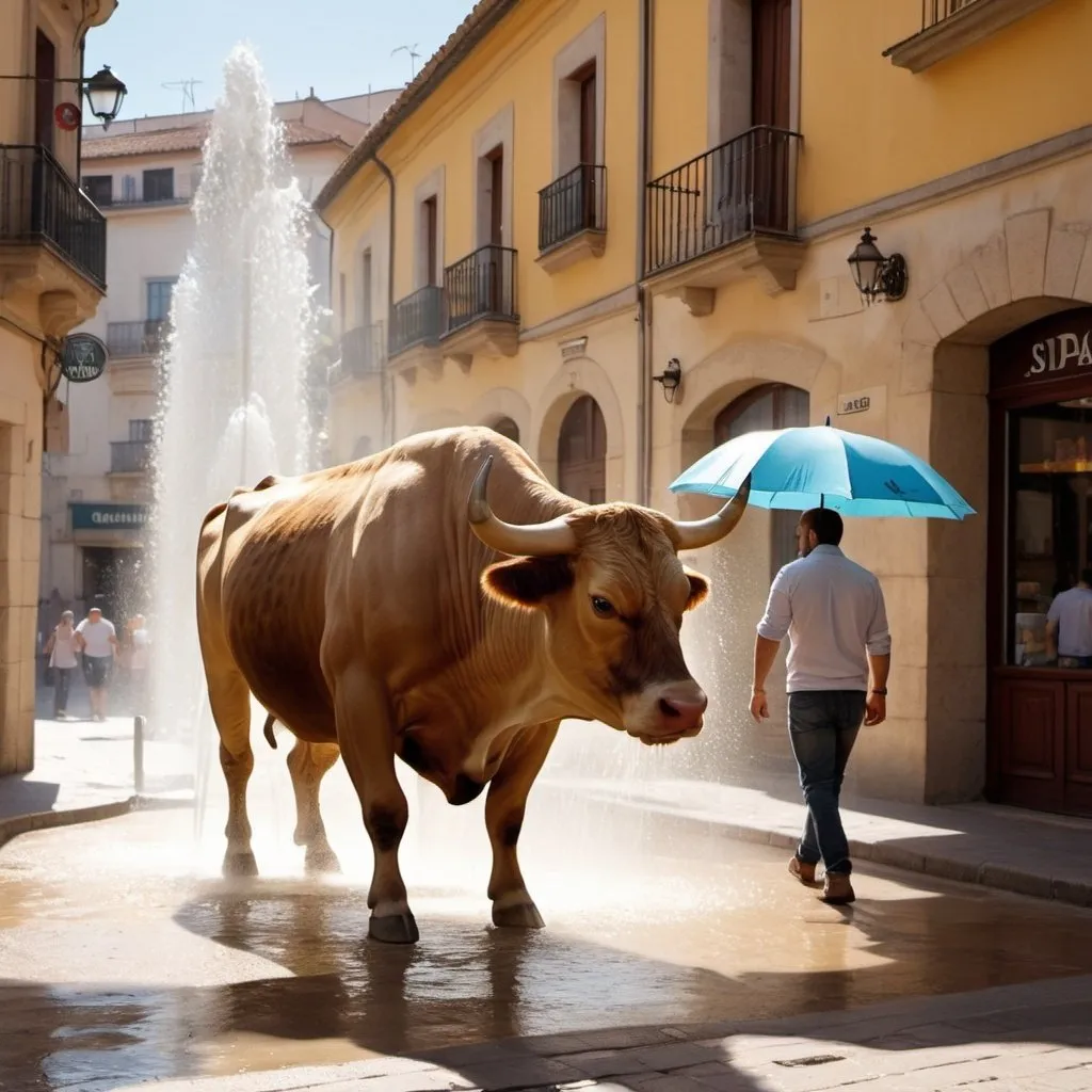 Prompt: În a spanish  countriside street a bull is stepping on an iphone 2. Ths sun is shining and a guy who calls himself good dad,bad dad is witnesing it all. The street is empty of people but there is a fountain neaeby. The buildings are colored in light colors and there is a cafe with an umbrella.