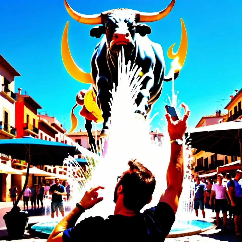 Prompt: A bull is angry and hitting an iphone 2 in a spanish street. The sun is shining. Nearby there is a fountain. A guy is witnessing everything