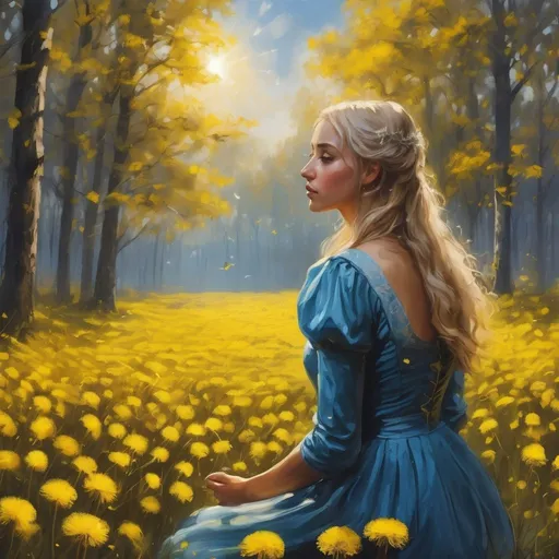 Prompt: oil paint yellow dandelions field in a forest. The sun is shining. The sky is blue. The dandelions are yellow. The yellow petals of dandelion are flying in the air. A woman is sitting with the back towards the viewer. She is wearing a dress and has a long blond hair. She is holding the dandelion close to the viewer. The big dandelion in her hands is yellow.  Visible strokes,rough edges.Warm lighting neutral backdrop