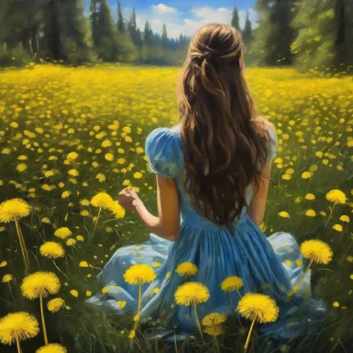 Prompt: oil paint yellow dandelions field in a forest. The sun is shining. The sky is blue. The dandelions are yellow. The yellow petals of dandelion are flying in the air. A woman is sitting with the back towards the viewer. She is wearing a dress and has a long brown hair. She is holding the dandelion close to the viewer. The big dandelion in her hands is yellow.  Visible strokes,rough edges.Warm lighting neutral backdrop