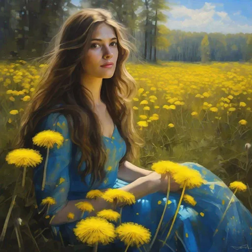 Prompt: oil paint yellow dandelions field in a forest. The sun is shining. The sky is blue. The dandelions are yellow. The yellow petals of dandelion are flying in the air. A woman is sitting with the back towards the viewer. She is wearing a dress and has a long brown hair. The dress is half blue half yellow and it has semi transparent sleeves. She is a princess of the forest. She is holding the dandelion close to the viewer. The big dandelion in her hands is yellow.  Visible strokes,rough edges.Warm lighting neutral backdrop