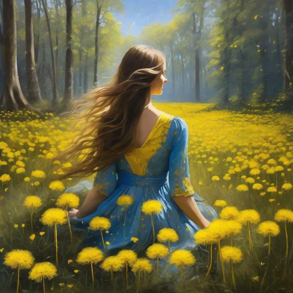 Prompt: oil paint yellow dandelions field in a forest. The sun is shining. The sky is blue. The dandelions are yellow. The yellow petals of dandelion are flying in the air. A woman is sitting with the back towards the viewer. She is wearing a dress and has a long brown hair. The dress is half blue half yellow and it has semi transparent sleeves. She is a princess of the forest. She is holding the dandelion close to the viewer. The big dandelion in her hands is yellow.  Visible strokes,rough edges.Warm lighting neutral backdrop