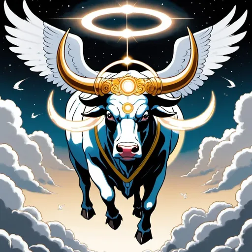 Prompt: tarot card Anime illustration, a bull god with a halo and white wings floats above some humans.
