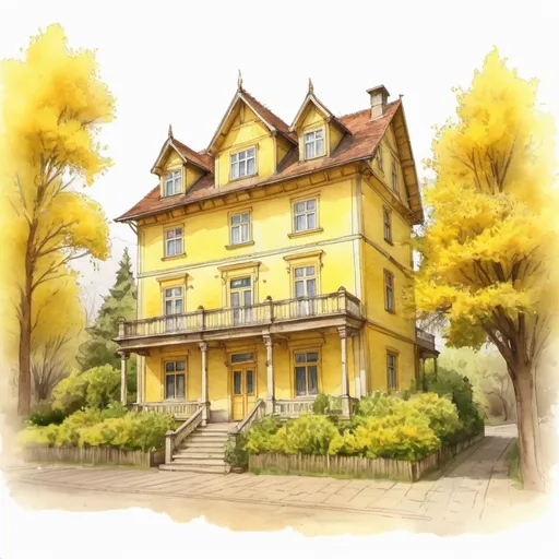 Prompt: Sketch style watercolour picture of a 3 storey old wooden house coloured yellow with a lot of trees outside