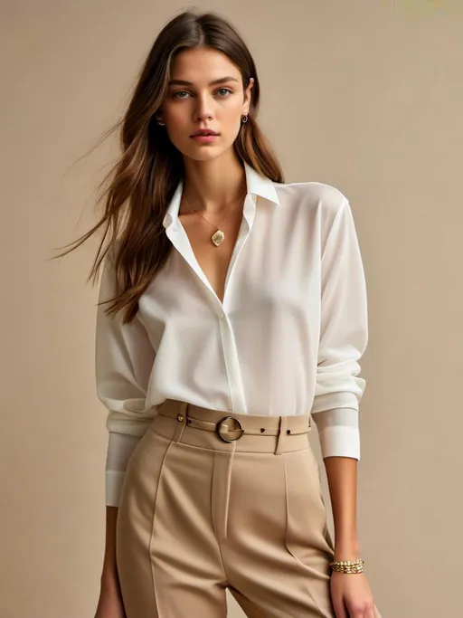 Prompt: <mymodel>, detailed face, {Modern Elegance Outfit Style, Tailored trousers or a pencil skirt with a silk blouse, Minimalistic jewelry such as a delicate necklace or stud earrings,
Pointed-toe flats or classic heels}, medium shot





