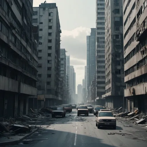 Prompt: An apocalyptic urban landscape with surrounding tall buildings and streets with halted vehicles in 4K UHD colour.