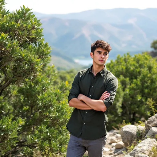 Prompt: Standing amidst lush green shrubs and rocky terrain, a young man with short, dark hair gazes thoughtfully to the side, his arms crossed comfortably. He wears a dark green button-up shirt and grey pants, blending subtly with the natural surroundings. The scene is illuminated by a bright, sunny sky, suggesting midday, while rolling hills stretch in the background, hinting at a picturesque yet serene mountainous landscape. The composition captures a sense of contemplation and tranquility, enhanced by the vibrant green foliage that contrasts against the soft blue of the distant hills. This moment conveys a peaceful connection with nature, inviting a reflective mood.
