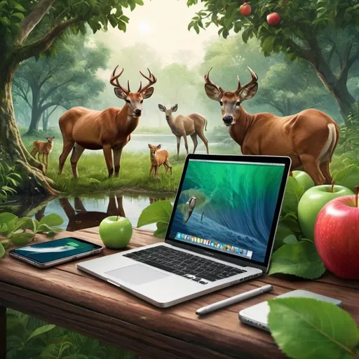 Prompt: Wild, realistic illustration of Apple products in a natural setting, lush greenery and wild animals, detailed textures and reflections, high quality, realistic, outdoor, nature, detailed textures, vibrant colors, professional lighting