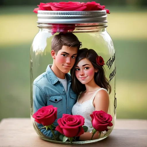 Prompt: mason jar with a teenage couple inside it with roses


