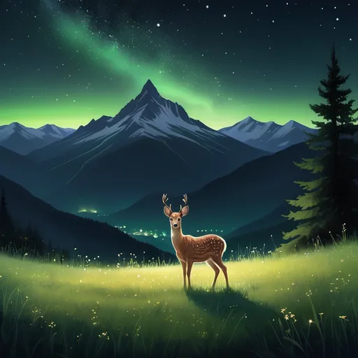 Prompt: Mountain top with a glassy glow of green from other side with a meadow and a doe at night with illuminating stars


