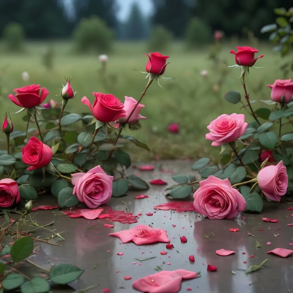 Prompt: the meadow from twilight with a couple of roses splattered on the floor

