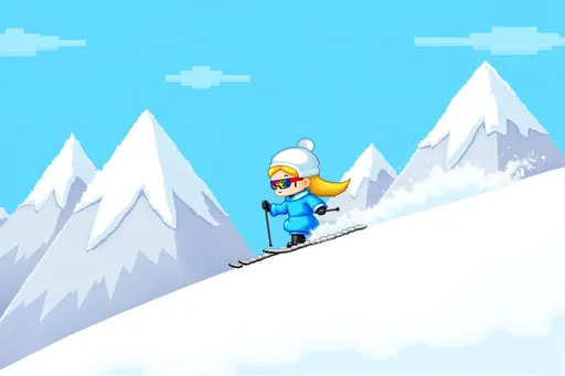 Prompt: A dynamic skiing scene featuring pixel art blonde girl b46a3554 with blonde hair, simple face, blue dress, blocky pixelated style skiing down a snow-covered mountain slope, wearing a vibrant light blue ski outfit with ski boots and gloves, completed by a white beanie and bright colored ski goggles. Positioned in the middle-right of the frame in an active skiing pose, the body leans slightly forward to showcase motion. The expression appears focused and engaged, oriented towards the lower-right area of the image. The winter landscape features a bright blue sky, snow-capped mountains, and expansive fresh snow. Bright sunny lighting emphasizes snow textures, with a slightly downward-angled perspective highlighting the ski run. Color scheme focuses on cheerful shades of blue, white, and light gray. The background includes additional mountains.