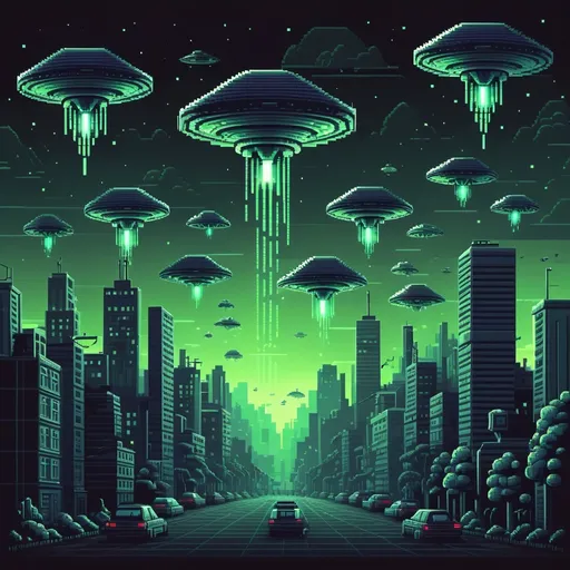 Prompt: Alien invasion in pixel style