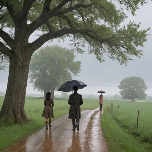 Prompt: A young man stands under a tree, while a charming young woman walks ahead on a rural path. The sky is cloudy, and a gentle rain falls. The young man looks towards the young woman with an umbrella in his hand, gazing helplessly.