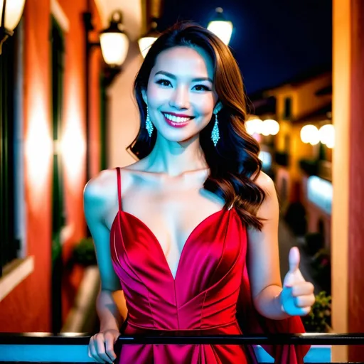 Prompt: 
A hyperrealistic photo of a stunning woman with both Brazilian and Taiwanese roots. She stands on a balcony in Italy, wearing an elegant red evening gown, waving to the camera with a smile. The image was captured using a Sony Alpha 7 camera with a 1.8mm aperture.