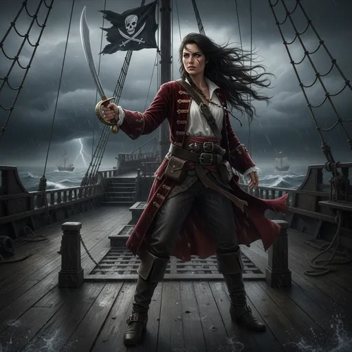 Prompt: pirate queen on the deck of her ship with scimitar in hand, a storm brewing on the horizon. She is fierce and prepared to fight