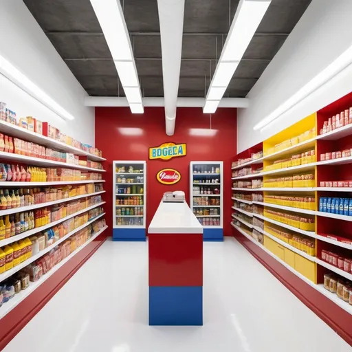 Prompt: 
give me a  modern minimal retail design reimagining a classic New York bodega. maintaining the classic red yellow and blue colors with a white epoxy floor